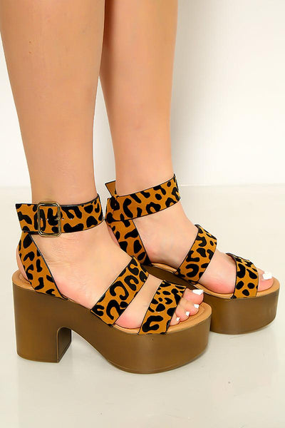 Camel Black Leopard Open Toe Faux Wood Platform Heels - AMIClubwear