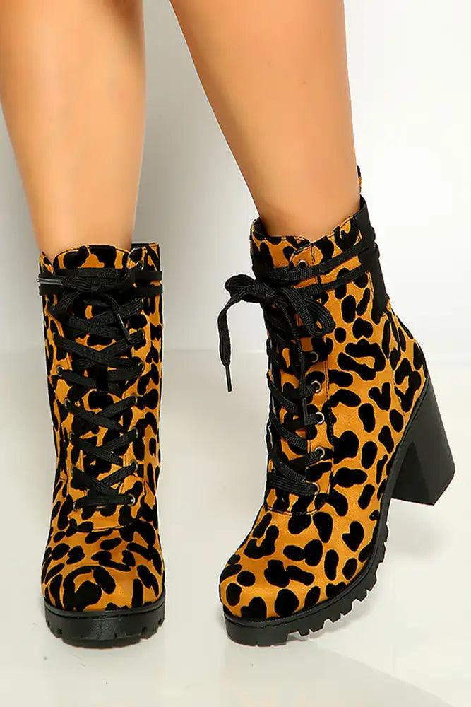 Camel Black Leopard Print Lace Up Round Toe Chunky Heel Boots - AMIClubwear