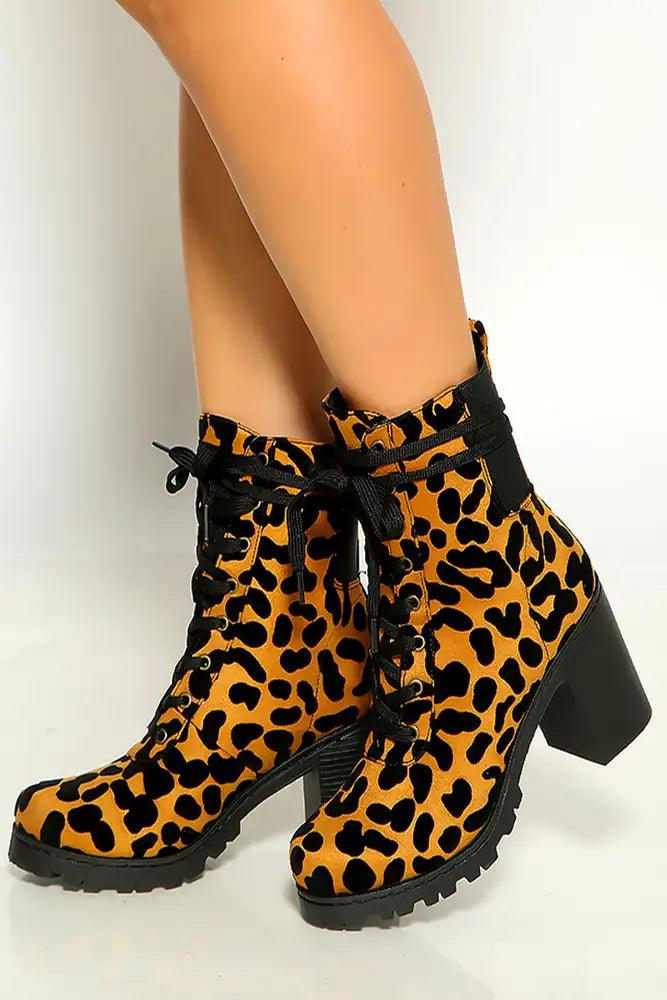 Camel Black Leopard Print Lace Up Round Toe Chunky Heel Boots - AMIClubwear