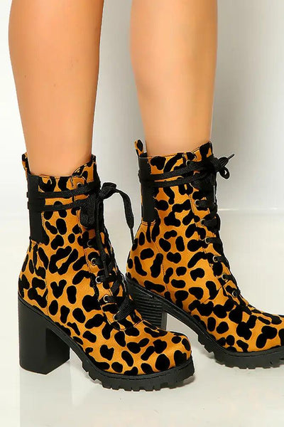 Camel Black Leopard Print Lace Up Round Toe Chunky Heel Boots - AMIClubwear