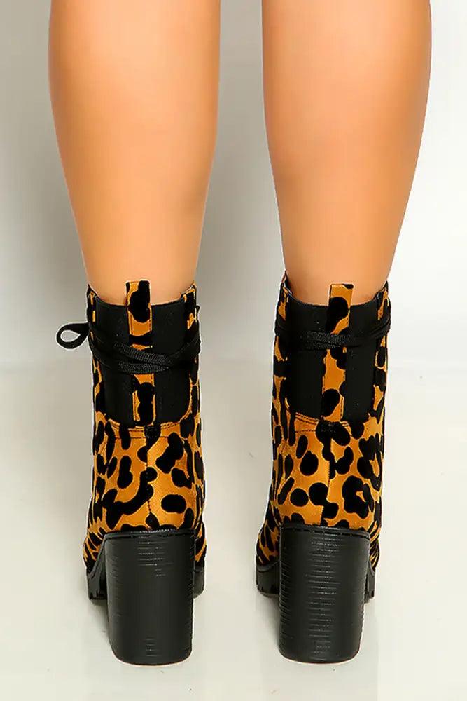 Camel Black Leopard Print Lace Up Round Toe Chunky Heel Boots - AMIClubwear