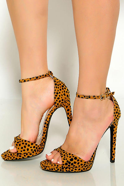 Camel Black Leopard Print Open Toe Ankle Strap High Heels - AMIClubwear