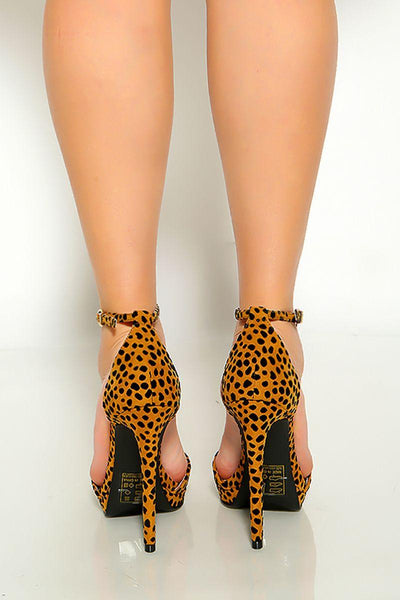 Camel Black Leopard Print Open Toe Ankle Strap High Heels - AMIClubwear