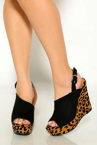 Camel Black Leopard Print Open Toe Sling Back Wedges - AMIClubwear