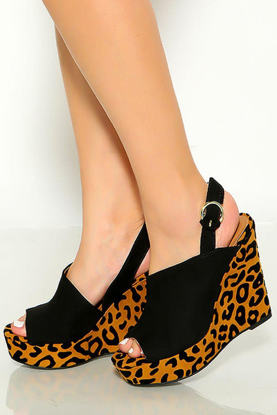 Camel Black Leopard Print Open Toe Sling Back Wedges - AMIClubwear