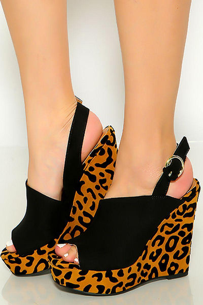 Camel Black Leopard Print Open Toe Sling Back Wedges - AMIClubwear