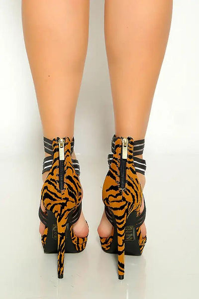 Camel Black Leopard Print Open Toe Strappy High Heels - AMIClubwear