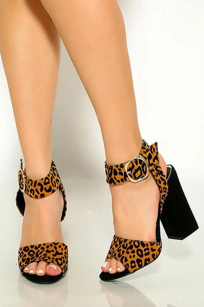 Camel Black Leopard Print Peep Toe Ankle Strap Chunky High Heels - AMIClubwear