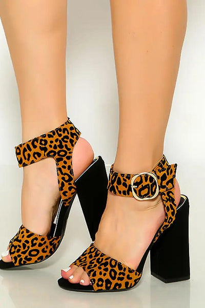 Camel Black Leopard Print Peep Toe Ankle Strap Chunky High Heels - AMIClubwear