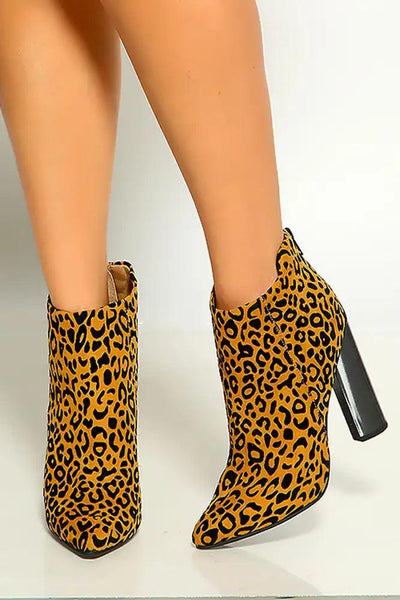 Camel Black Leopard Print Pointy Toe Chunky High Heel Booties - AMIClubwear