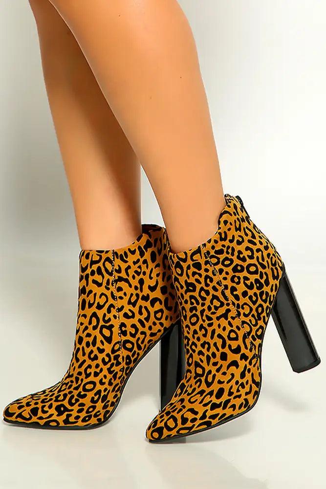 Camel Black Leopard Print Pointy Toe Chunky High Heel Booties - AMIClubwear