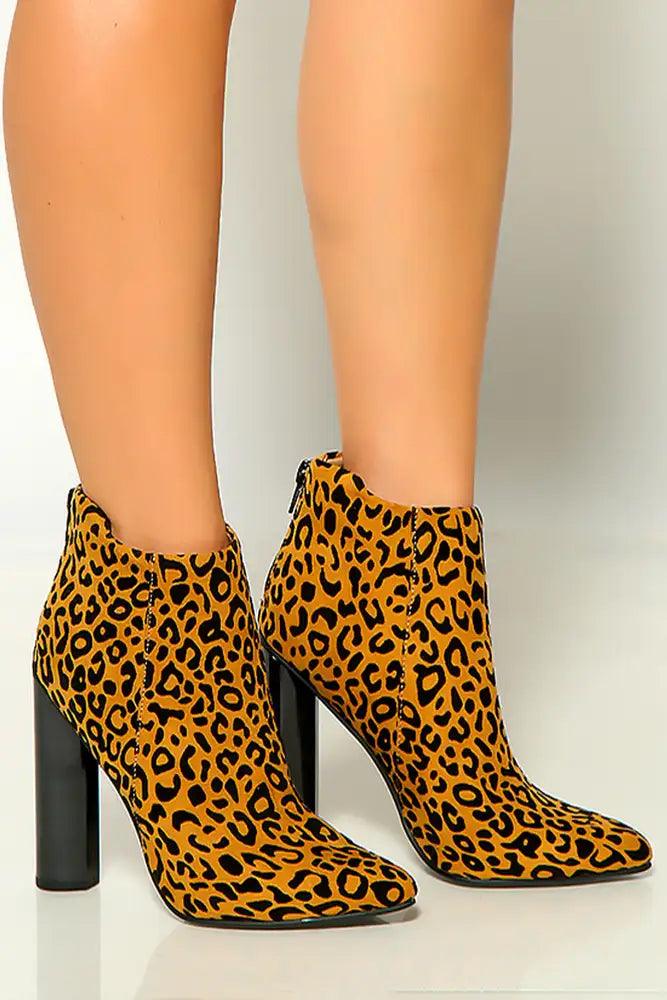 Camel Black Leopard Print Pointy Toe Chunky High Heel Booties - AMIClubwear