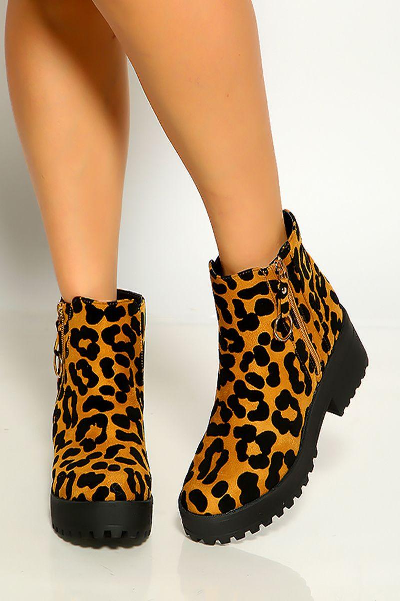 Camel Black Leopard Print Round Rubber Sole Boots - AMIClubwear