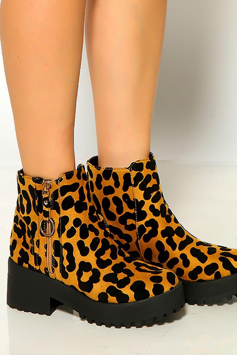 Camel Black Leopard Print Round Rubber Sole Boots - AMIClubwear