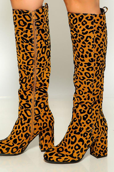 Camel Black Leopard Print Round Toe Block Heel Knee High Boots - AMIClubwear