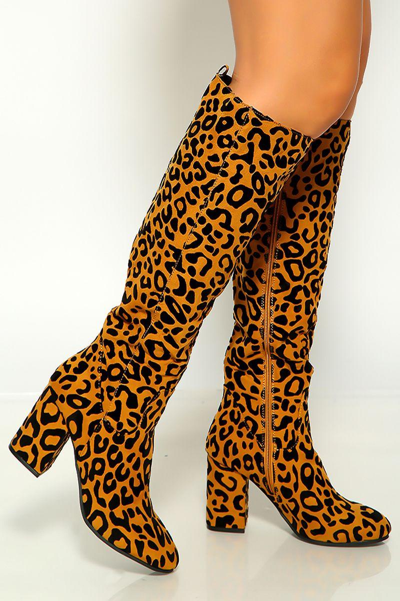 Camel Black Leopard Print Round Toe Block Heel Knee High Boots - AMIClubwear