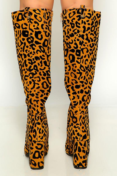 Camel Black Leopard Print Round Toe Block Heel Knee High Boots - AMIClubwear