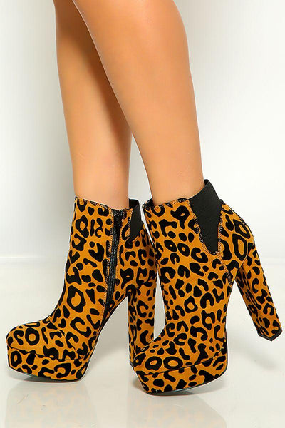 Camel Black Leopard Print Round Toe Chunky Platform High Heel Booties - AMIClubwear