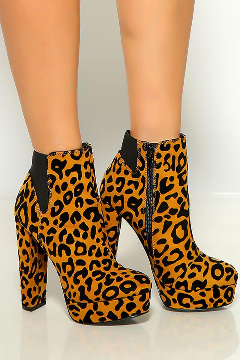 Camel Black Leopard Print Round Toe Chunky Platform High Heel Booties - AMIClubwear