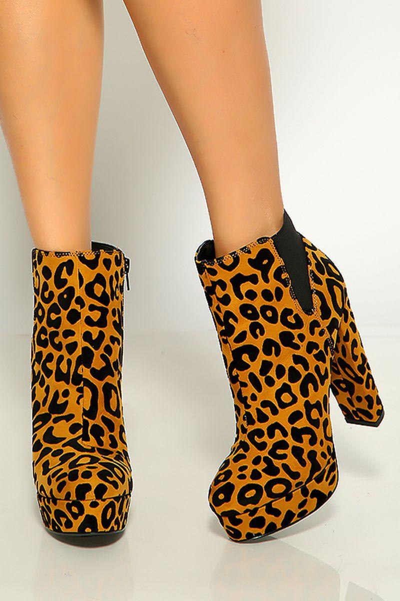 Camel Black Leopard Print Round Toe Chunky Platform High Heel Booties - AMIClubwear