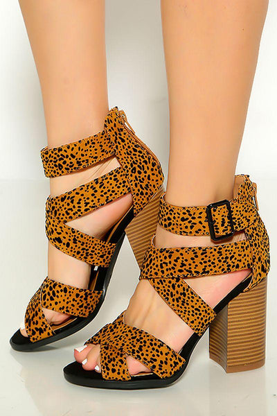 Camel Black Leopard Print Strappy Chunky High Heels - AMIClubwear