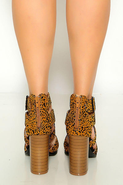 Camel Black Leopard Print Strappy Chunky High Heels - AMIClubwear