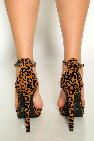 Camel Black Leopard Print T-Strap High Heels - AMIClubwear