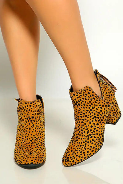 Camel Black Leopard Slip On Round Toe Toe Chunky Heel Booties - AMIClubwear