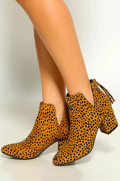 Camel Black Leopard Slip On Round Toe Toe Chunky Heel Booties - AMIClubwear