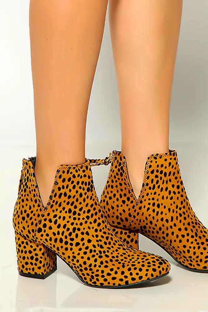 Camel Black Leopard Slip On Round Toe Toe Chunky Heel Booties - AMIClubwear