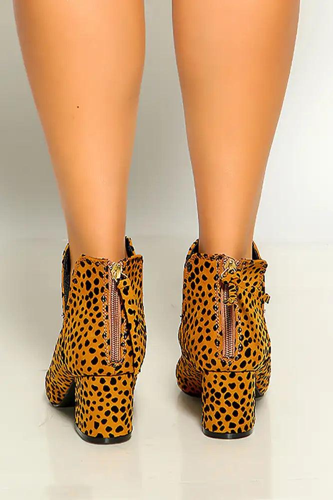 Camel Black Leopard Slip On Round Toe Toe Chunky Heel Booties - AMIClubwear