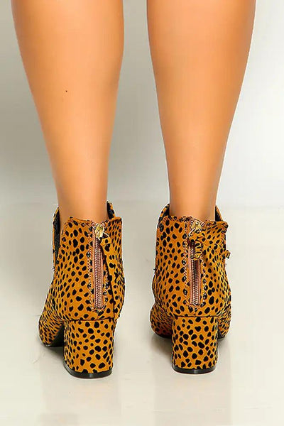 Camel Black Leopard Slip On Round Toe Toe Chunky Heel Booties - AMIClubwear