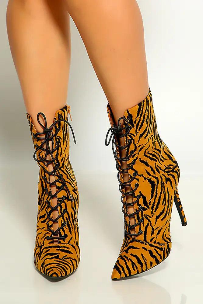 Camel Black Tiger Print Pointy Toe Lace Up High Heel Booties - AMIClubwear