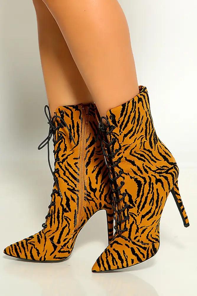 Camel Black Tiger Print Pointy Toe Lace Up High Heel Booties - AMIClubwear