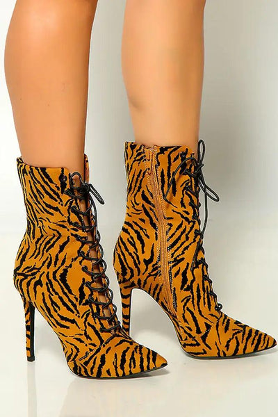 Camel Black Tiger Print Pointy Toe Lace Up High Heel Booties - AMIClubwear