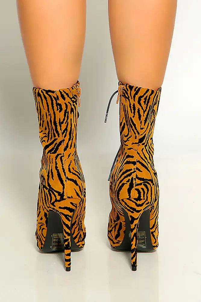 Camel Black Tiger Print Pointy Toe Lace Up High Heel Booties - AMIClubwear