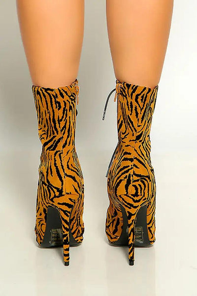 Camel Black Tiger Print Pointy Toe Lace Up High Heel Booties - AMIClubwear