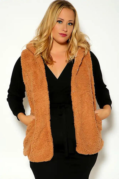 Camel Colored Sleeveless Sherpa Hooded Vest - AMIClubwear