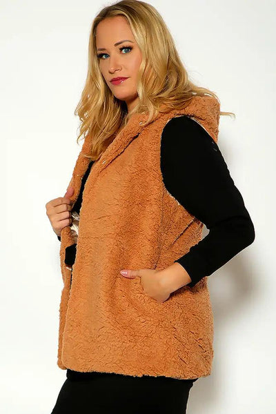 Camel Colored Sleeveless Sherpa Hooded Vest - AMIClubwear