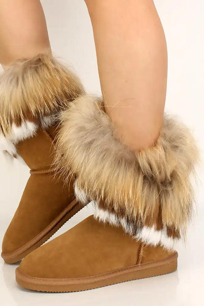 Camel Faux Fur Slip On Booties - AMIClubwear