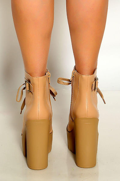 Camel Faux Leather Buckle Ankle Platform Heels Boots Booties - AMIClubwear