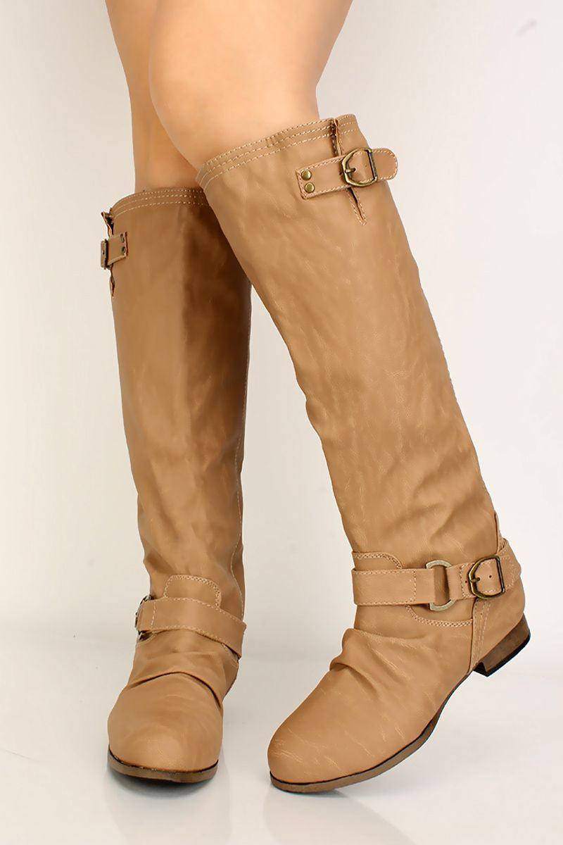 Camel Faux Leather Buckle Mid Calf Boots - AMIClubwear