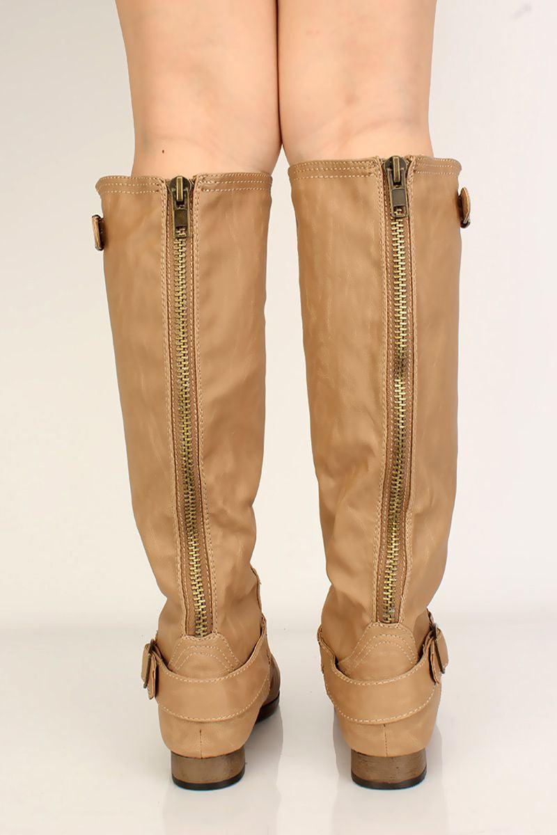 Camel Faux Leather Buckle Mid Calf Boots - AMIClubwear