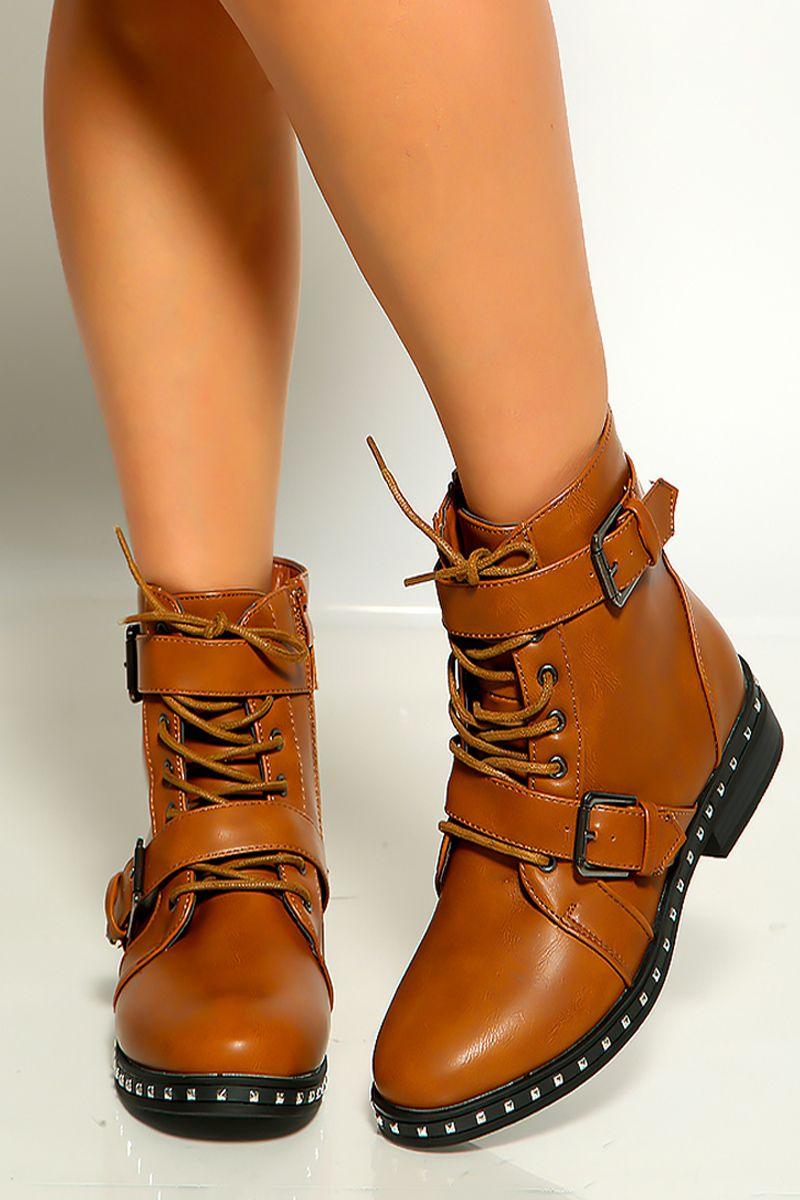 Camel Lace up Buckle Strap Studded Flat Riding Boots - AMIClubwear