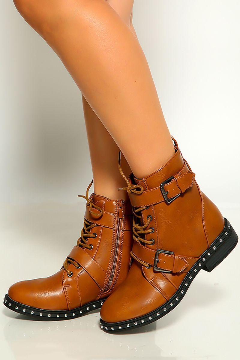 Camel Lace up Buckle Strap Studded Flat Riding Boots - AMIClubwear