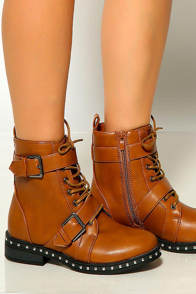 Camel Lace up Buckle Strap Studded Flat Riding Boots - AMIClubwear