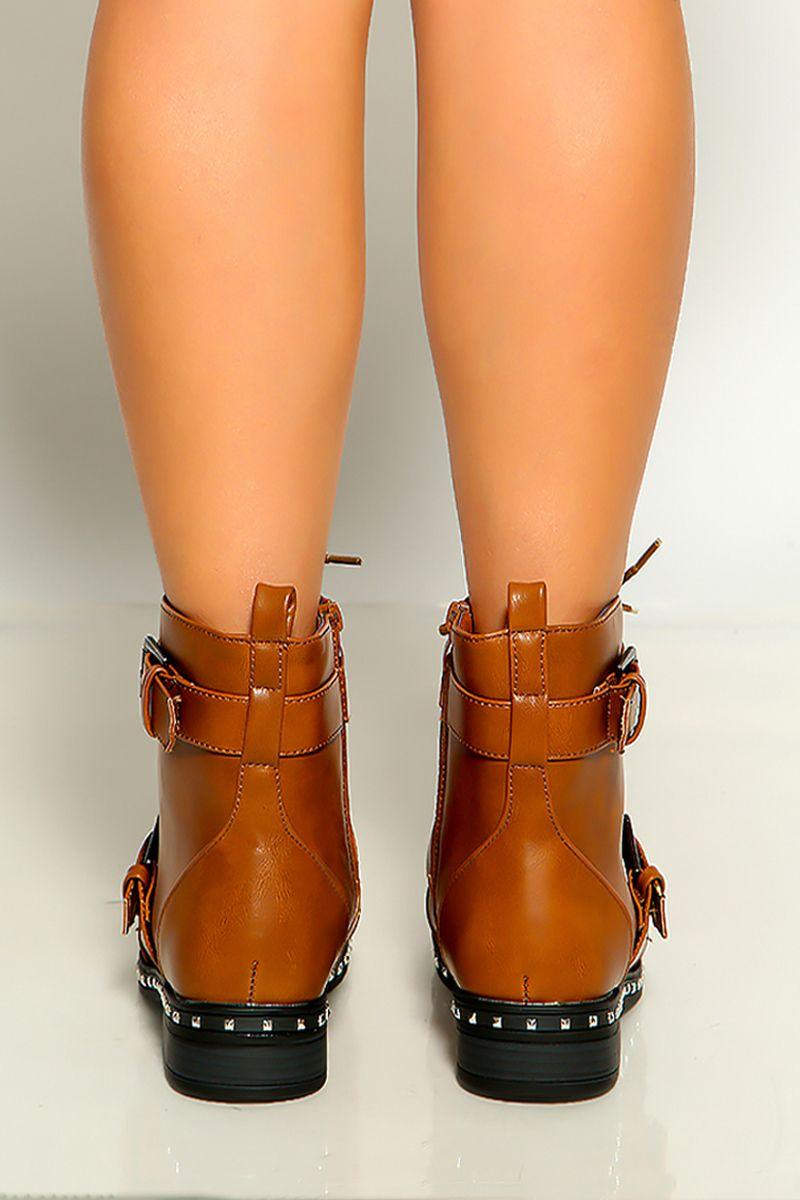 Camel Lace up Buckle Strap Studded Flat Riding Boots - AMIClubwear