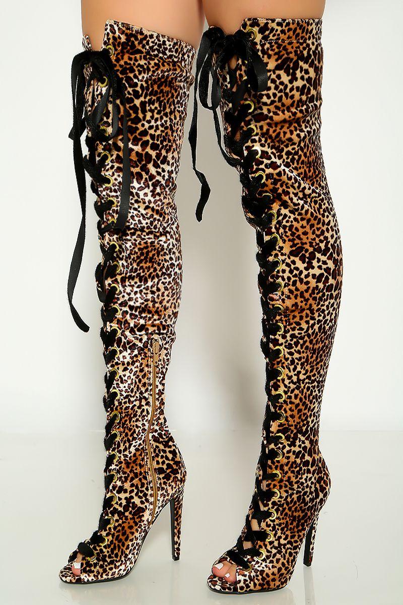 Camel Leopard Velvet Lace Up Open Toe Thigh High Heel Boots - AMIClubwear