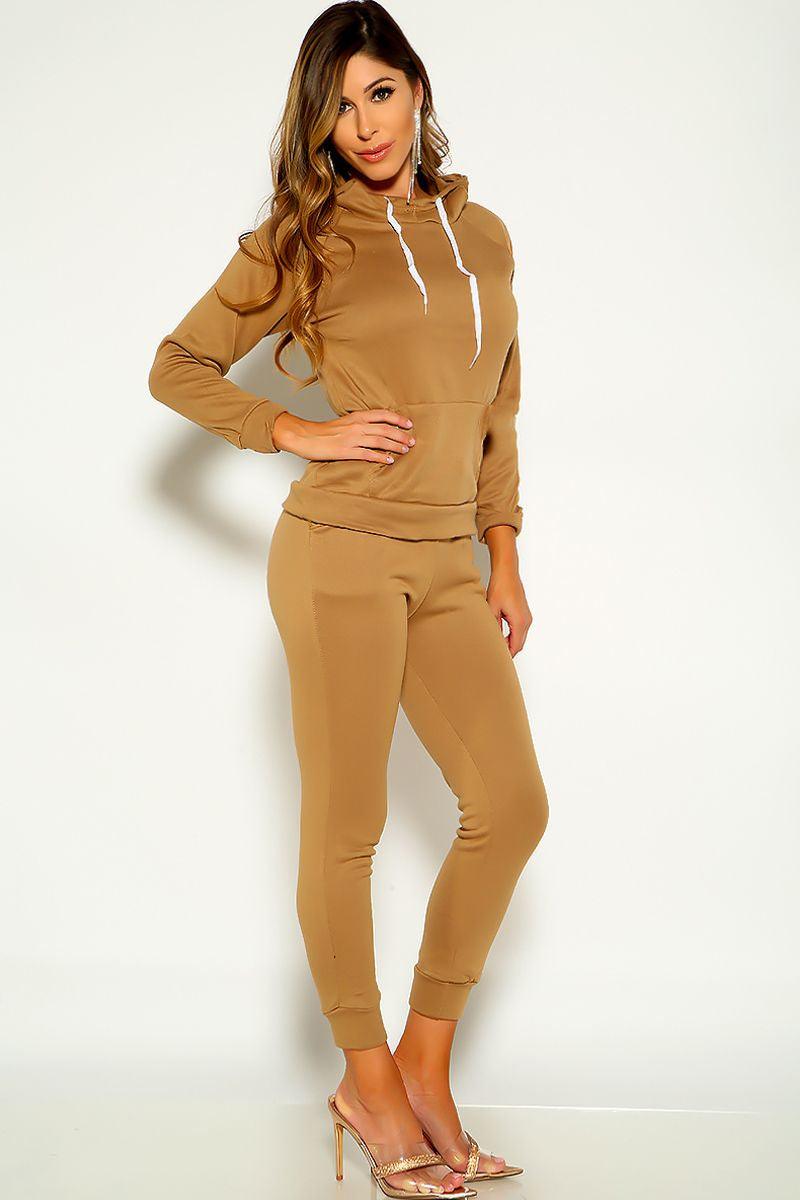 Camel Long Sleeve Casual Two Piece Outfit - AMIClubwear