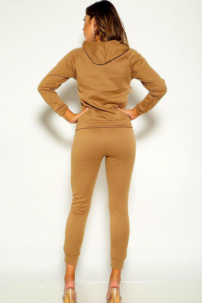 Camel Long Sleeve Casual Two Piece Outfit - AMIClubwear